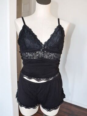 Black Lace-Trim Sleep Cami & Shorts Set